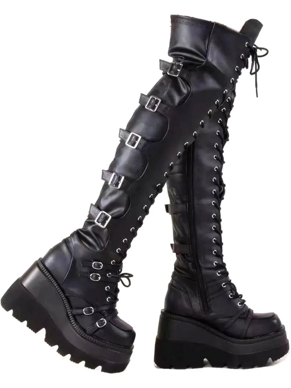 🆕Women's Black Over Knee Thigh High Boots Buckle Side ZIP Chunky Heel Shoes